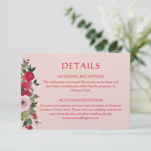 Roze oranje florale reuzenChinese trouwgegevens Informatiekaartje (Staand voorkant)