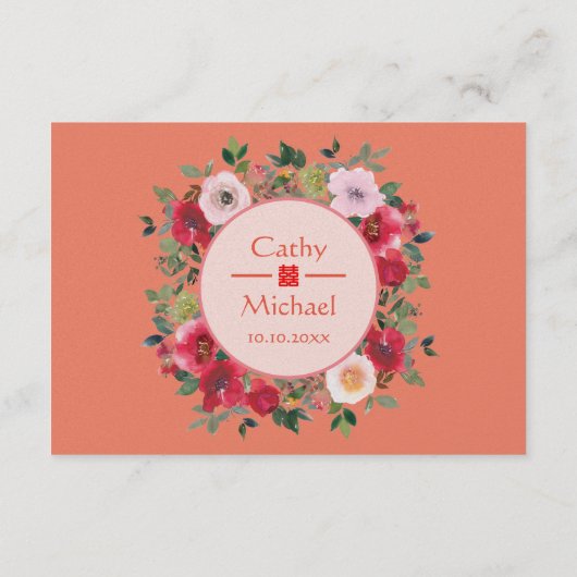 Roze oranje florale reuzenChinese trouwgegevens Informatiekaartje (Achterkant)