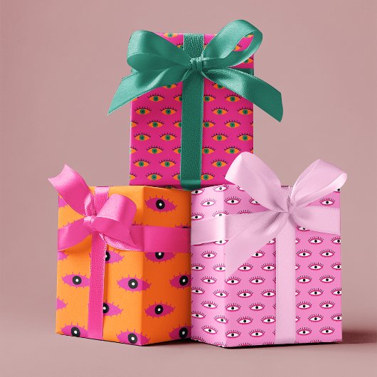 Roze & Oranje Funky Evil Eye Pattern Holiday Gift Inpakpapier Vel