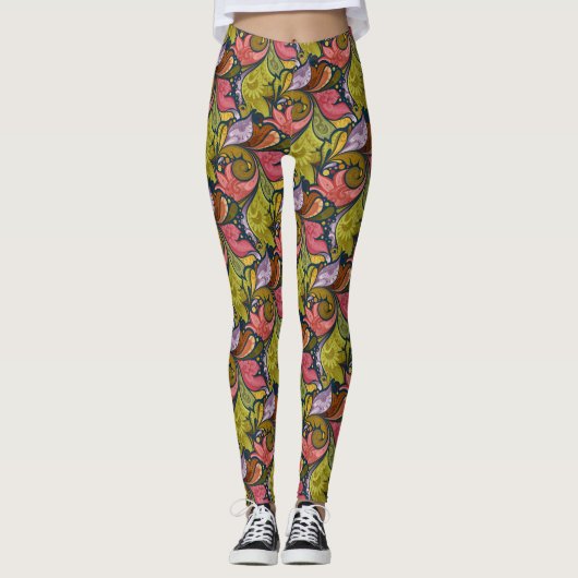 Roze Oranje gele paarse bloemen en zwenkriem Leggings (Voorkant)
