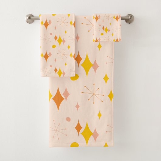 Roze, Oranje, gele Starburst Mid Century Patroon Bad Handdoek (Insitu)