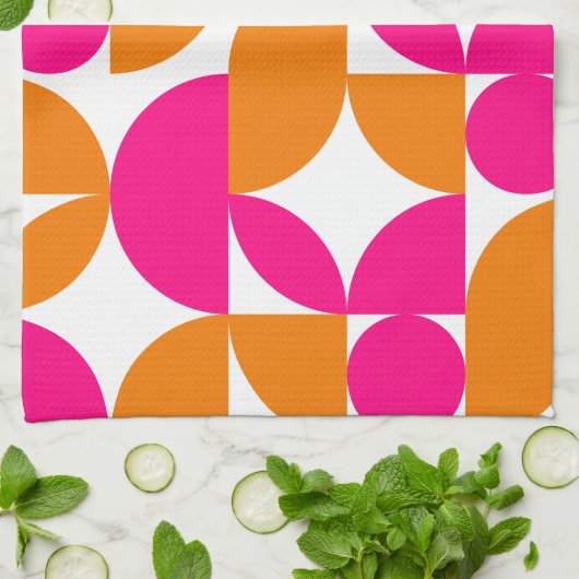 Roze Oranje geometrische Mid Century Pattern Theedoek (Gevouwen)