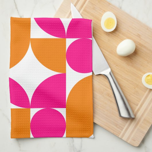 Roze Oranje geometrische Mid Century Pattern Theedoek (Quarter Fold)