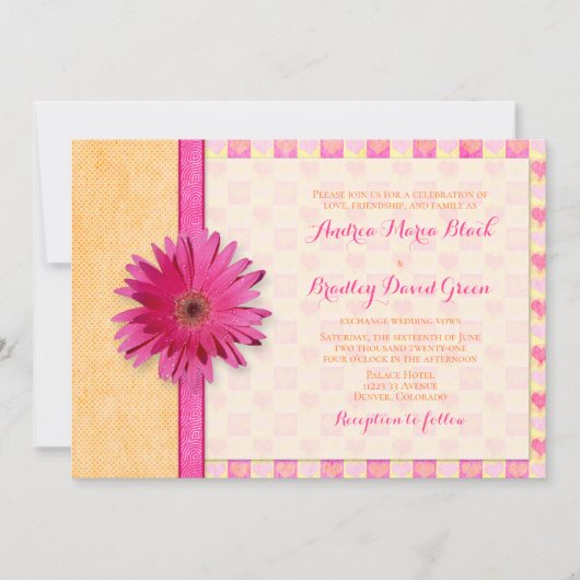 Roze Oranje Gerbera Daisy Wedding Invitation Kaart (Voorkant)