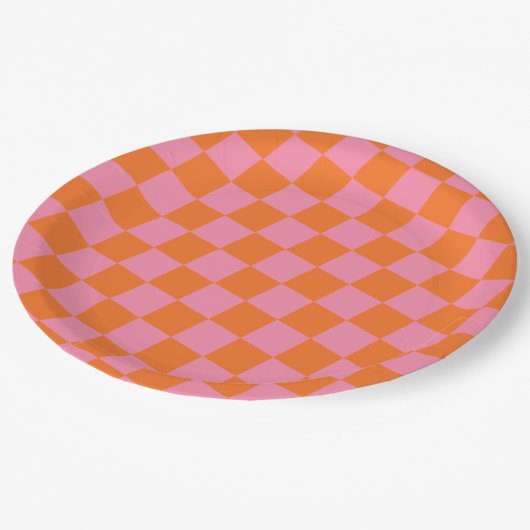 Roze + Oranje Geruite Feest Papieren Borden Papieren Bordje (Gekanteld)