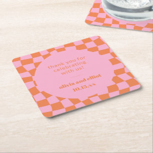 Roze Oranje Geruite Retro Douwen Bruiloft Kartonnen Onderzetters