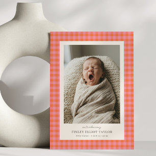 Roze Oranje Gingham Geruite Pasgeboren Foto Baby G Aankondiging