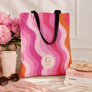 Roze Oranje Golven Gepersonaliseerde Monogram Tote Bag