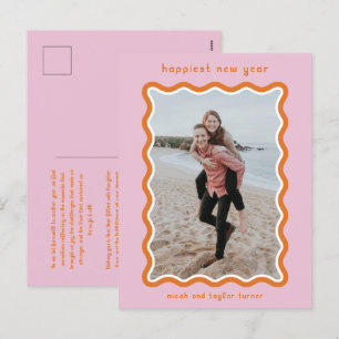 Roze & Oranje golvend Lijst gelukkigste nieuwjaar Feestdagenkaart