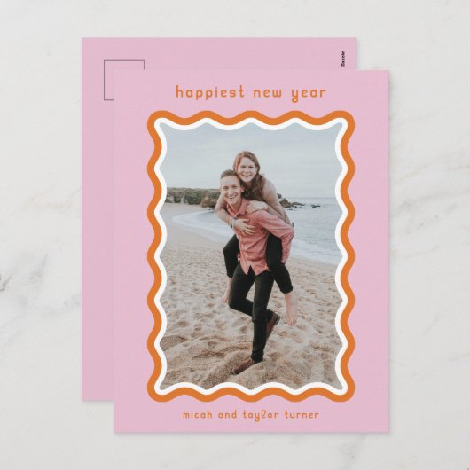 Roze & Oranje golvend Lijst gelukkigste nieuwjaar Feestdagenkaart (Voorkant / Achterkant)