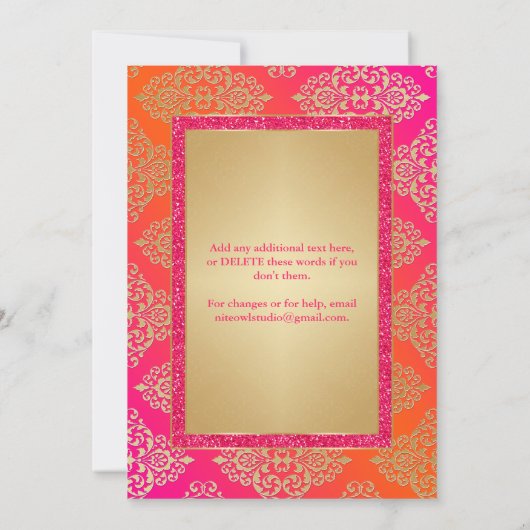 Roze, Oranje, gouden feox-glitter-bruiloft Kaart (Achterkant)