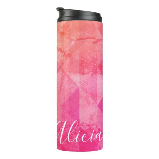 Roze oranje grijppatroon, aangepaste naamtekst thermosbeker (Geroteerd rechts)