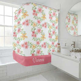 Roze Oranje Groen Aquarel Wilde Bloem Monogram Douchegordijn