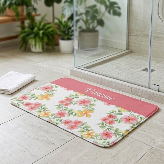 Roze Oranje Groene Aquarel Wilde Bloem Monogram Badmat