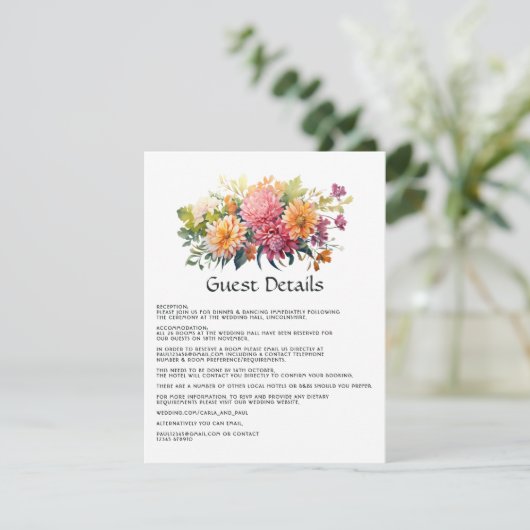 Roze, Oranje & Groene Bloemen Trouw Gast Info Informatiekaartje (Staand voorkant)