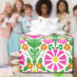 Roze Oranje Groene Bloemen Vrolijke Gift Cadeaupapier
