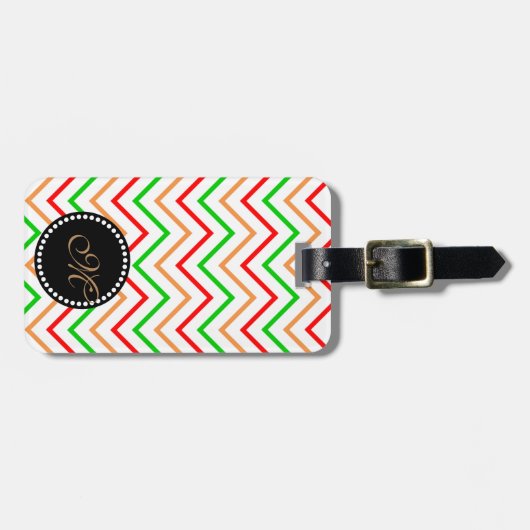 Roze Oranje Groene Chevron Pattern met Monogram Bagagelabel (Voorkant horizontaal)