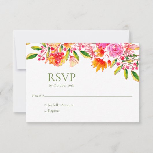 Roze Oranje groene Floral Simple Wedding RSVP-Kaar RSVP Kaartje (Voorkant)