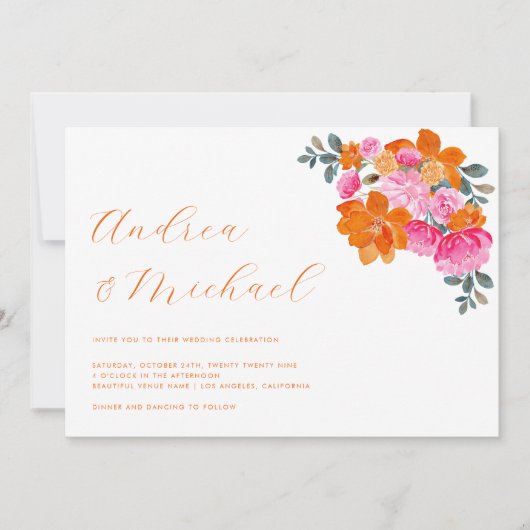 Roze & Oranje Levendige Bloemen QR Code Foto Bruil Kaart (Voorkant)