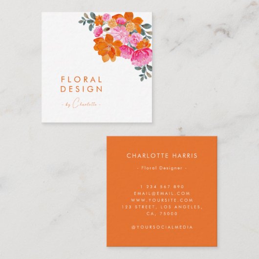 Roze & Oranje Levendige Waterverf Bloemenontwerper Vierkante Visitekaartje (Voorkant / Achterkant)