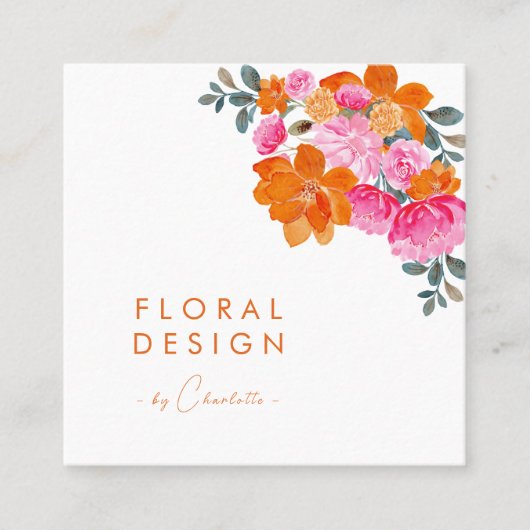 Roze & Oranje Levendige Waterverf Bloemenontwerper Vierkante Visitekaartje (Voorkant)