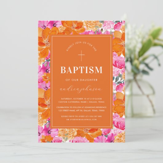 Roze & Oranje Levendige Zomertuin Kruisdoop Kaart (Staand voorkant)