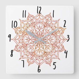 Roze & Oranje Mandala op Witte Glam Vierkante Klok