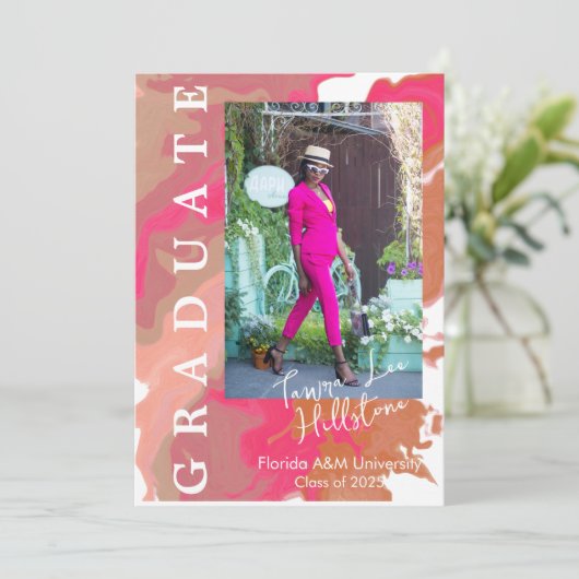 Roze Oranje Marmeren Afstudeer Uitnodigingskaart Kaart (Staand voorkant)