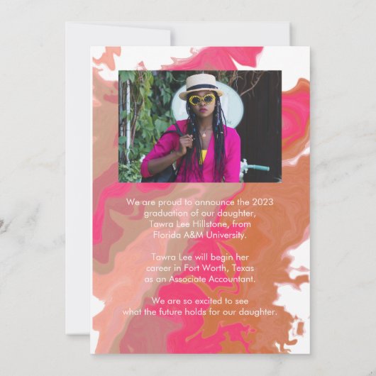 Roze Oranje Marmeren Afstudeer Uitnodigingskaart Kaart (Achterkant)