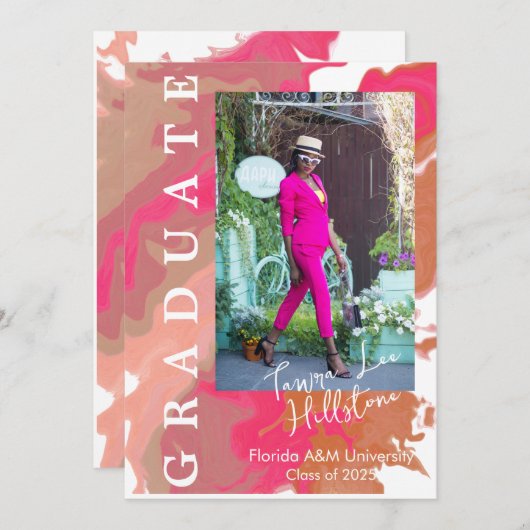 Roze Oranje Marmeren Afstudeer Uitnodigingskaart Kaart (Voorkant / Achterkant)