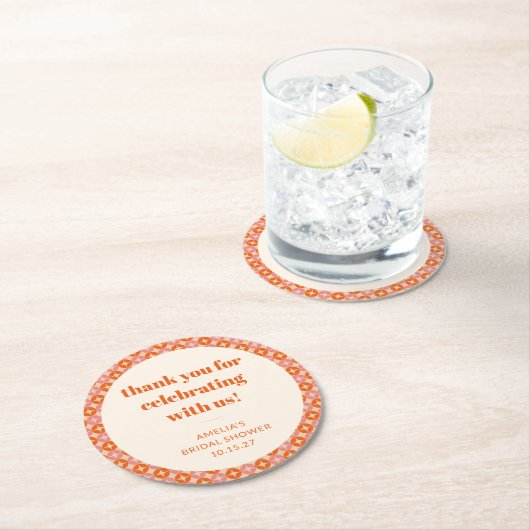 Roze Oranje Mid Century Aangepaste Bruiloftsshuish Ronde Kartonnen Onderzetter (Insitu)