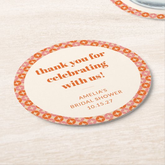 Roze Oranje Mid Century Aangepaste Bruiloftsshuish Ronde Kartonnen Onderzetter (Gebogen)