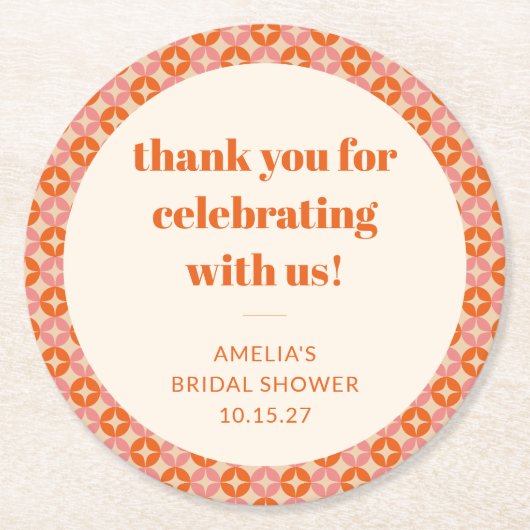 Roze Oranje Mid Century Aangepaste Bruiloftsshuish Ronde Kartonnen Onderzetter (Voorkant)