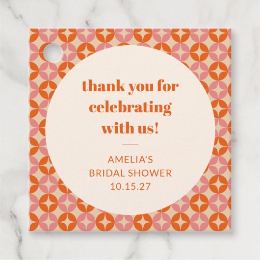 Roze Oranje Mid Century Custom Bruidsboel Bedankje Bedankjes Labels (Voorkant)