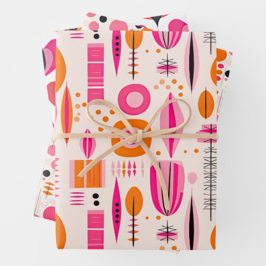 Roze & Oranje Midden-eeuwse Abstracte Patroonvakan Inpakpapier Vel (In situ)