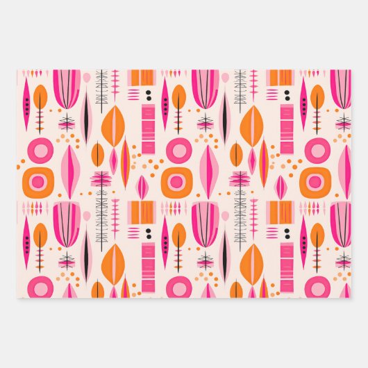 Roze & Oranje Midden-eeuwse Abstracte Patroonvakan Inpakpapier Vel (Voorkant)