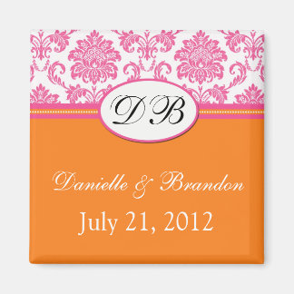 Roze Oranje Monogram Damask Wedding Magnet