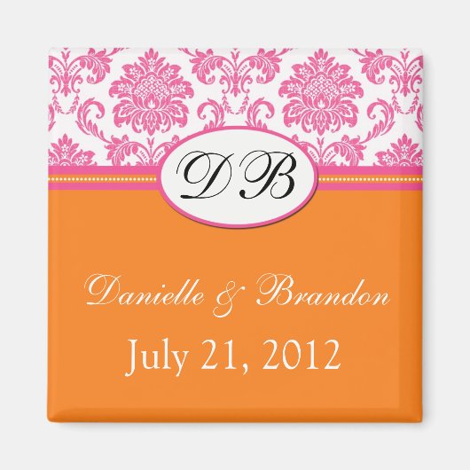 Roze Oranje Monogram Damask Wedding Magnet (Voorkant)