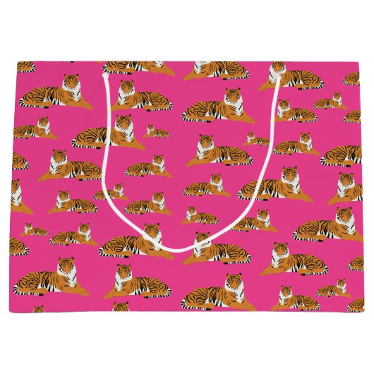 Roze Oranje Oerwoud tijger dierpatroon Groot Cadeauzakje (Voorkant)
