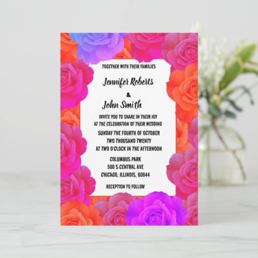 Roze Oranje Paarse Bloemen QR Code Rozen bruiloft Kaart (Staand voorkant)