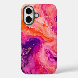 Roze Oranje Paarse Marmer Verf Spatpatroon iPhone 16 Hoesje