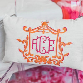 Roze Oranje pagode Bloem Lijst Monogram Initiaal Kussen