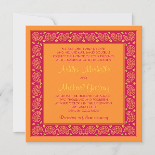 Roze Oranje Paisley Floral Wedding Invitation Kaart (Voorkant)