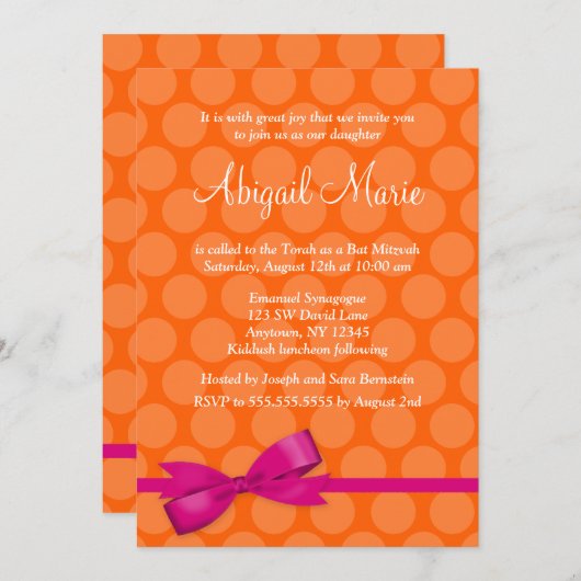 Roze Oranje poka Dot Bow Bat Mitzvah Uitnodigingen (Voorkant / Achterkant)