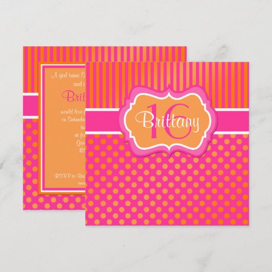 Roze, Oranje pokadots zestiende verjaardag uitnodi Kaart (Voorkant / Achterkant)