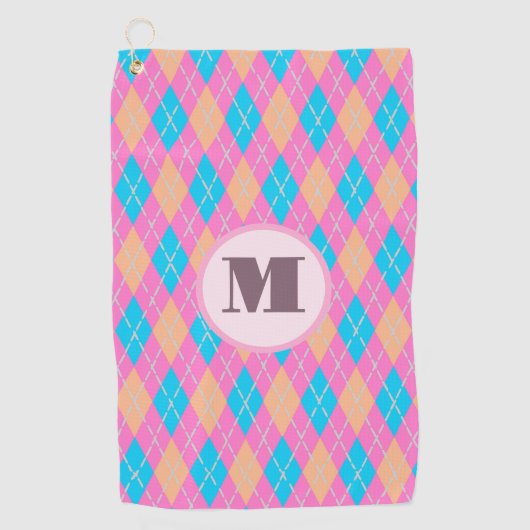Roze oranje preppy argyle aangepaste monogram dame golfhanddoek (Voorkant)