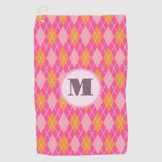 Roze oranje preppy argyle aangepaste monogram dame golfhanddoek (Voorkant)