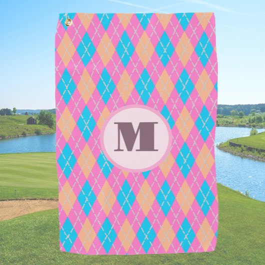 Roze oranje preppy argyle aangepaste monogram dame golfhanddoek