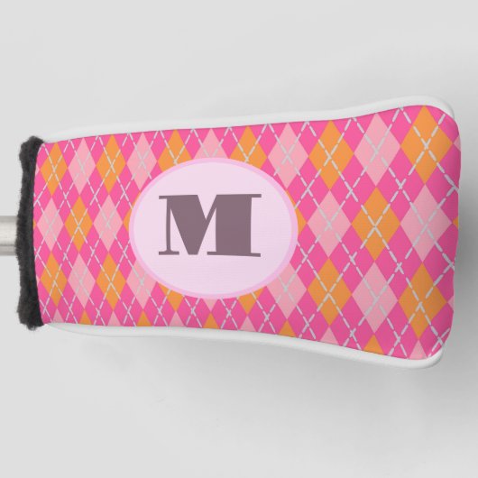 Roze Oranje preppy argyle aangepaste monogram dame Golfheadcover (Voorkant)