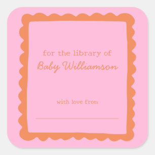 Roze Oranje Rand Baby Shower Bibliotheek Ex Libris Vierkante Sticker